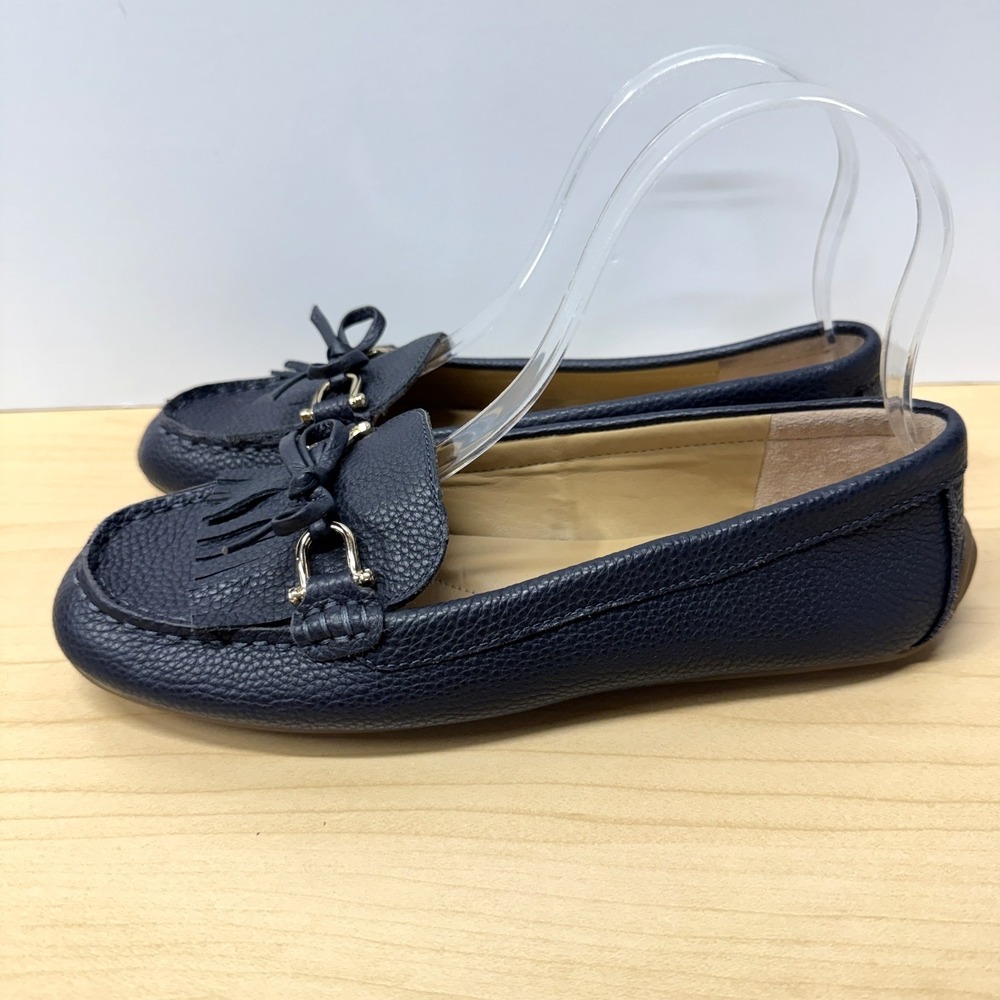 Talbots Slip On Loafers, Size 7 Navy Blue Pebbled Leather Fringe Driving Mocs - Picture 3 of 8